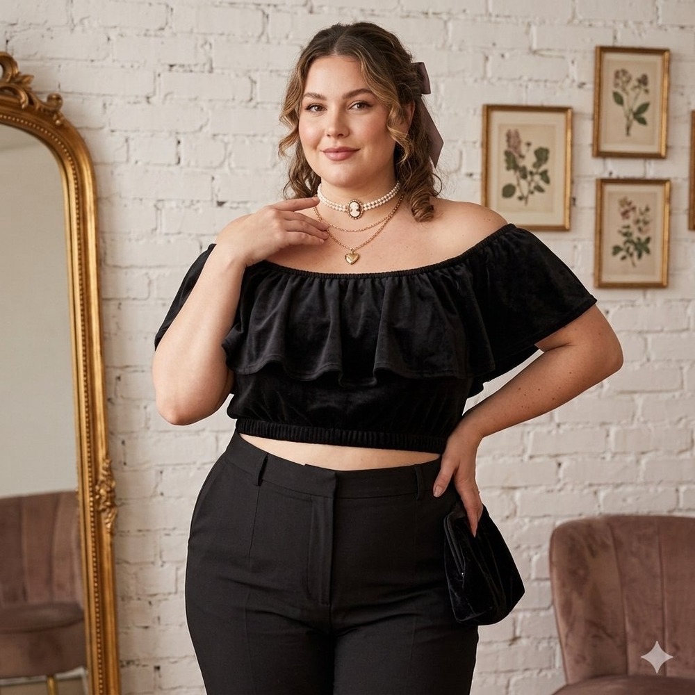 Feathers Women Top Black Size 1X Off Shoulder Ruffle Cropped Coquette Romantic